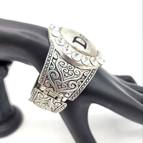 Diva Rhinestone Engraved Statement Wide Cuff Spring Bangle Bracelet - Picture 3 of 9